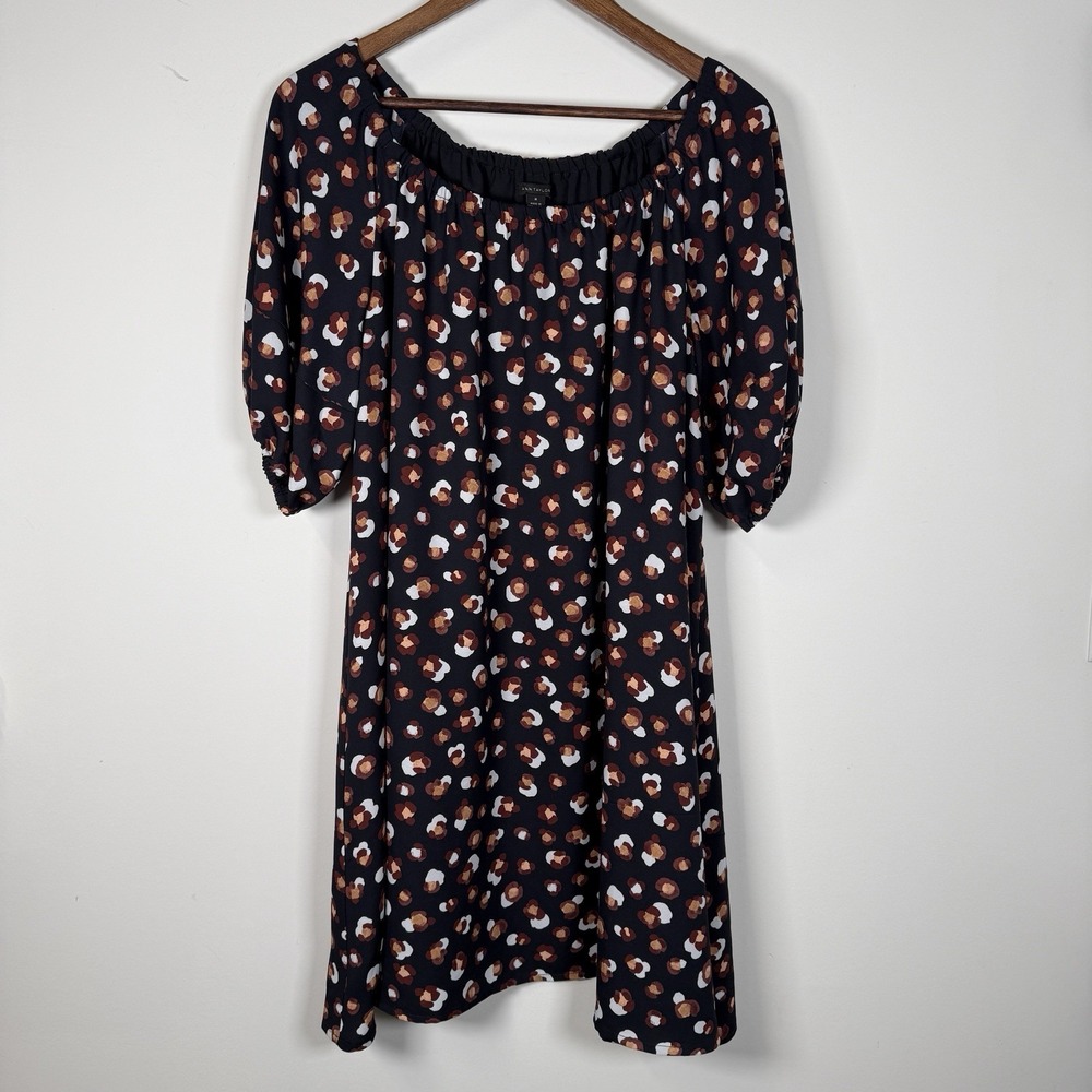 Ann Taylor Short Sleeve Babydoll Dress Black Brown Medium Loose Career